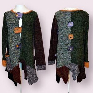 Hand Jive Boho Cardigan Sweater Tunic Patchwork Art To Wear Oversized Size XS